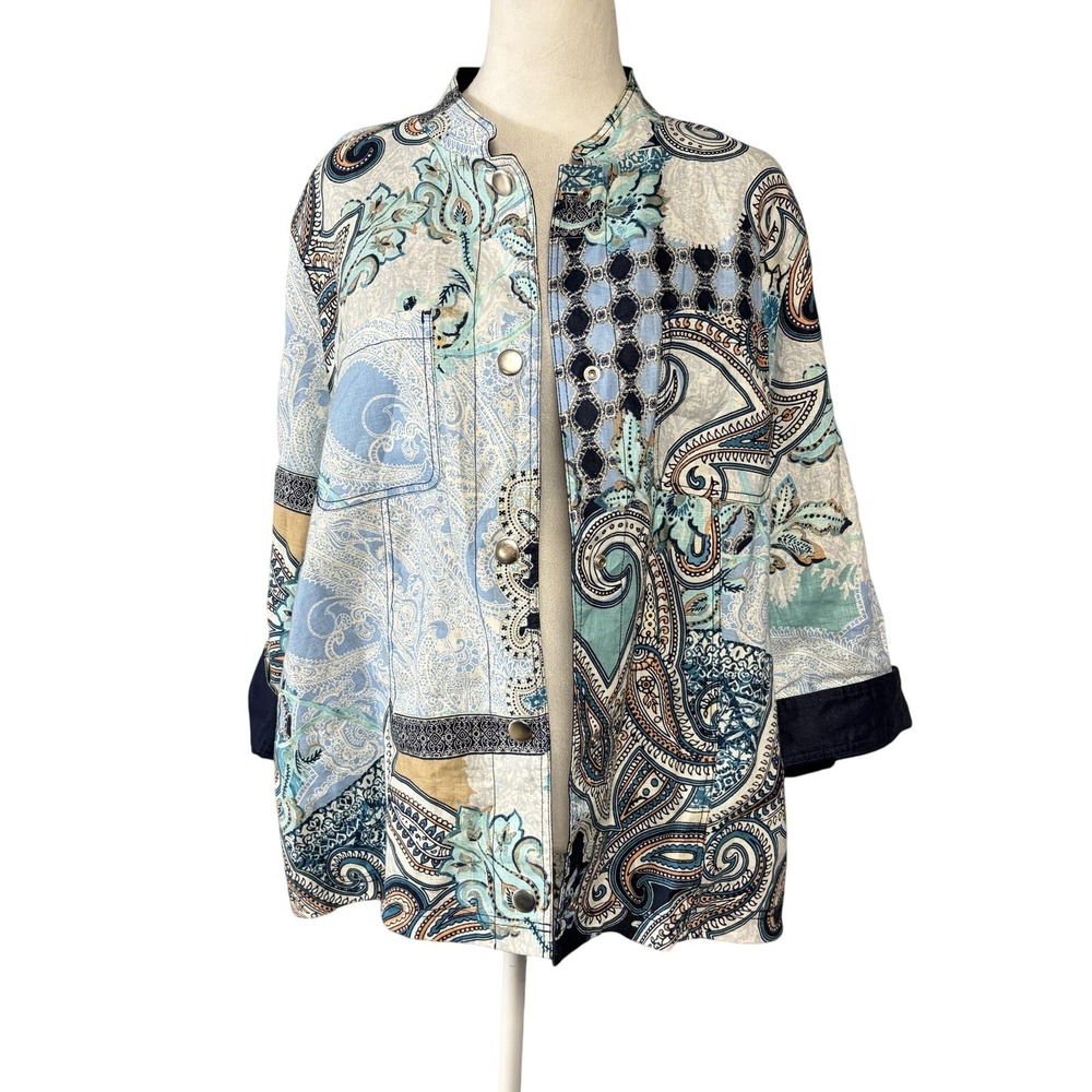 Chico's Jacket Womens 3 16/18 Reversible Linen Blue Paisley 3/4 Sleeve Snap
